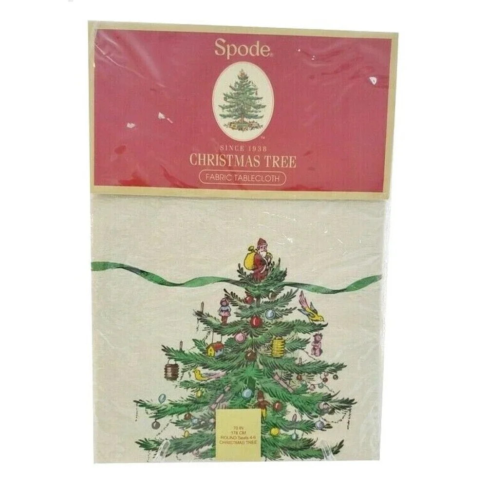 Spode Christmas Tree Fabric Tablecloth Holiday Holly Green Ribbon 70